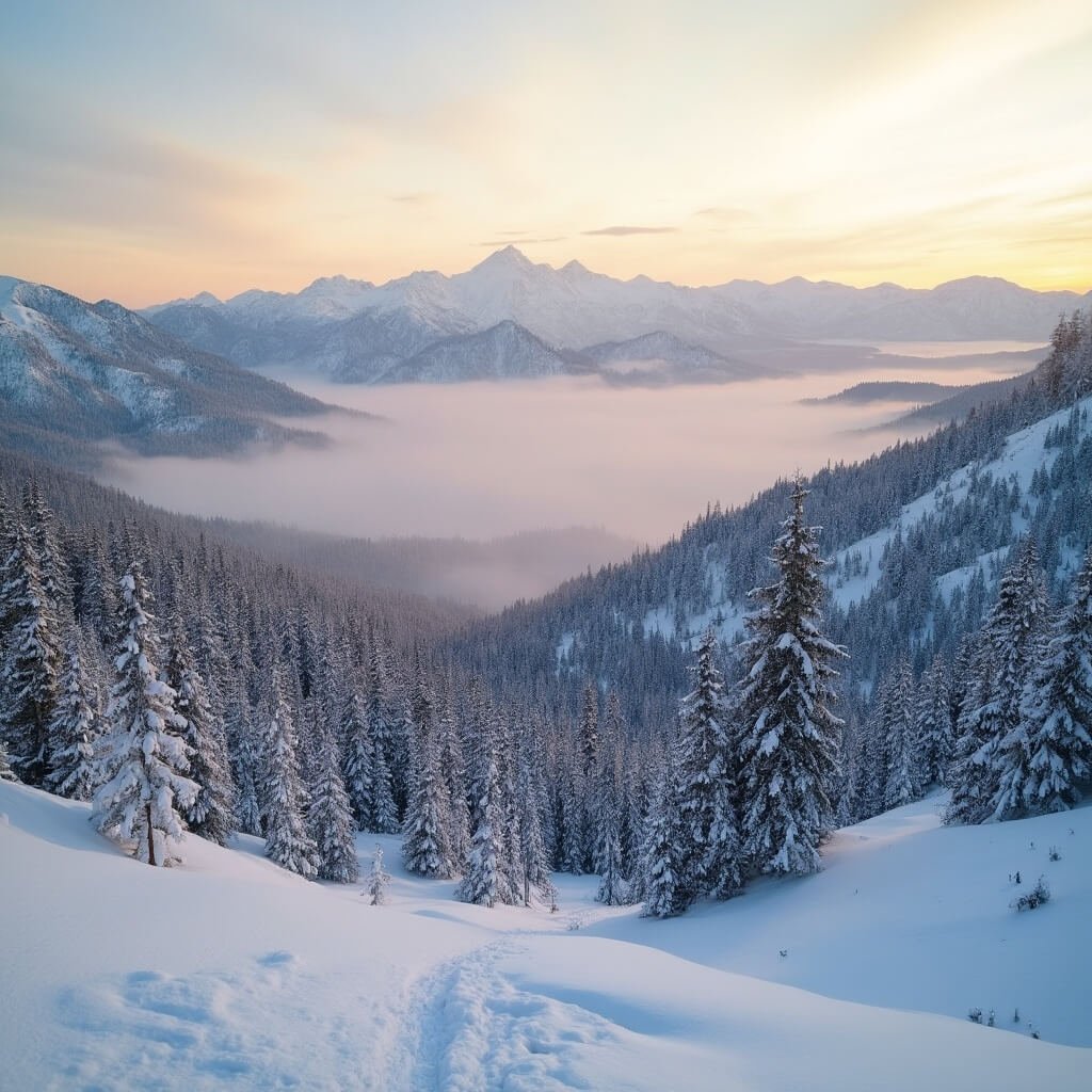 Sunrise over snow-covered Sierra Nevada mountains with golden light filtering through mist