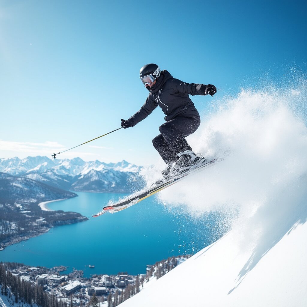 Professional skier mid-jump with Lake Tahoe's blue waters and snow-covered mountains in the background, perfect powder snow spray in the air