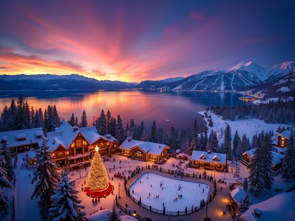 "Winter sunset over Lake Tahoe with illuminated Christmas tree in Heavenly Village, families ice skating, skiers on mountain slopes, snow-covered pine trees, and festive holiday decorations."