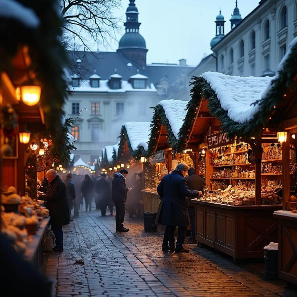 Traditional Viennese Christmas market at dusk with wooden stalls, warm lanterns, artisans crafting ornaments, steam from Glühwein cups, and historic buildings in the background
