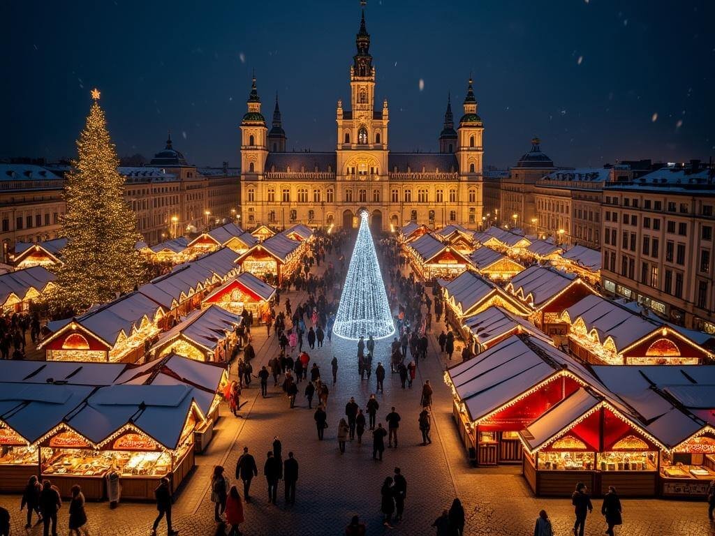 "Aerial view of Rathausplatz Christmas Market at night in Vienna, featuring decorative stalls, a towering Christmas tree, and the City Hall illuminated in the background, with visitors enjoying the snowy evening."