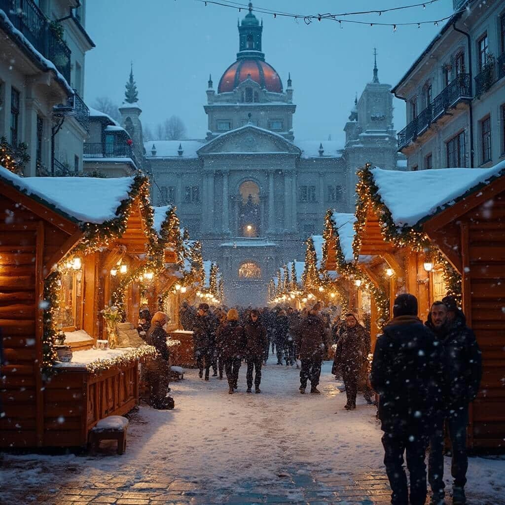 Christmas market bustling with activity at twilight at Rathausplatz, soft lights illuminating festive stalls, people browsing, gentle snowfall and grand municipal building in the background