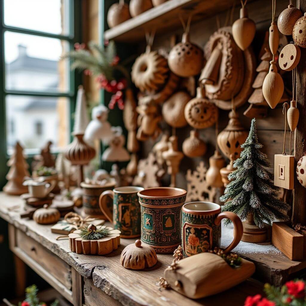 Handcrafted wooden ornaments, traditional market mugs and local artisan crafts on a rustic wooden surface in a Viennese Christmas display