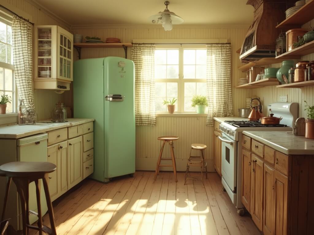 "Vintage farmhouse kitchen with morning sunlight illuminating cream walls, mint green refrigerator, reclaimed wood island, marble countertops, and assorted vintage dishware."
