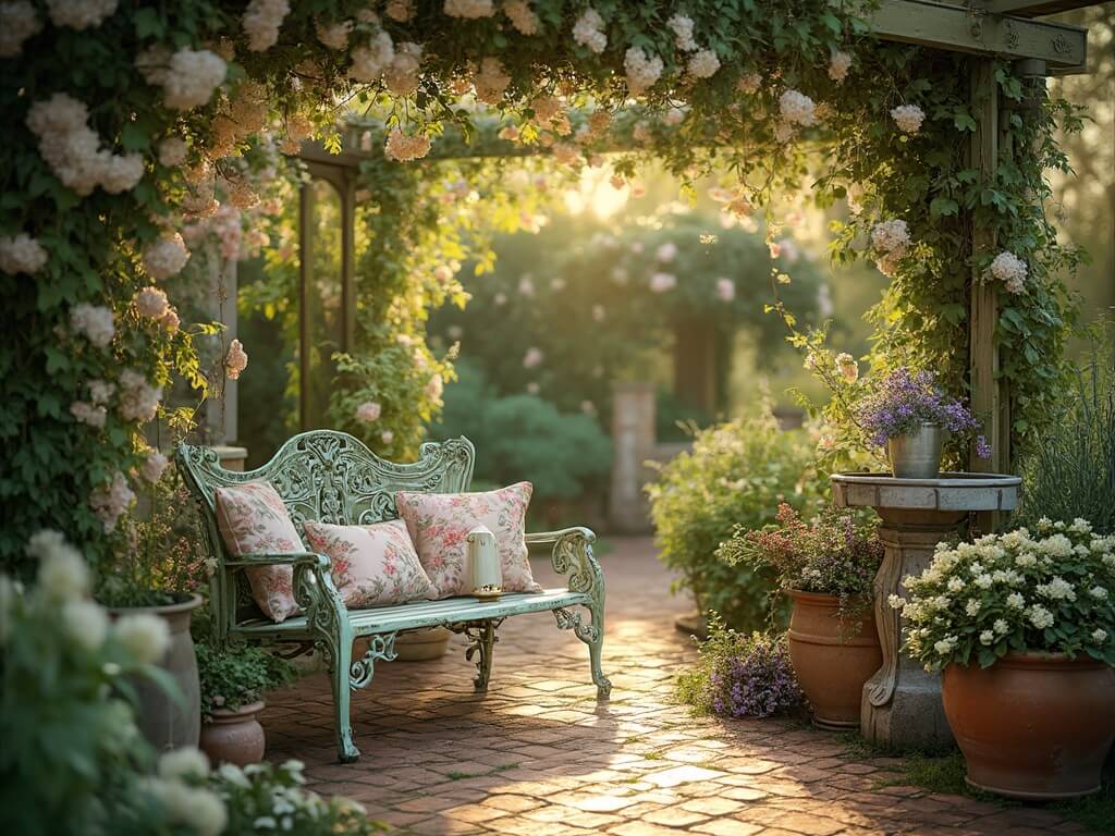 "Victorian garden sanctuary with wrought-iron bench, lush roses, and antique garden tools during golden hour"
